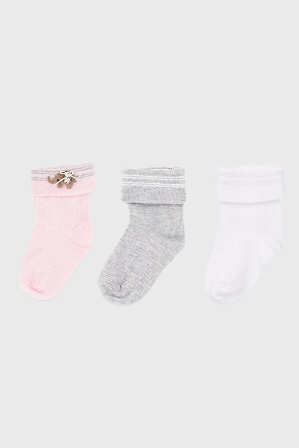 Resim Kız Bebek Beyaz-Pembe-Gri Çorap